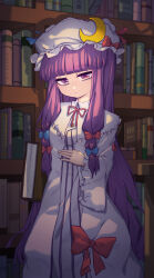 1girl absurdres blue_bow book bow cowboy_shot dress hat highres holding holding_book library long_hair long_sidelocks looking_at_viewer mob_cap moon_(ornament) patchouli_knowledge purple_eyes red_bow red_ribbon ribbon sidelocks solo ss6yu striped_clothes striped_dress touhou vertical-striped_clothes vertical-striped_dress very_long_hair white_dress white_hat wide_sleeves