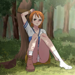 1girl absurdres highres nami_(one_piece) noxdsa one_piece orange_eyes orange_hair panties short_hair socks solo underwear