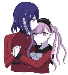 1boy 1girl brother_and_sister highres holding_hands long_hair matching_hair/eyes pink_eyes pink_hair purple_hair siblings simple_background the_hundred_line_-last_defense_academy- tsukumo_ima tsukumo_kako twins white_background