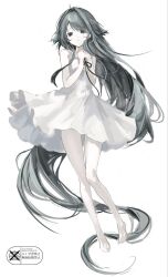 1girl absurdly_long_hair barefoot dot_nose dress full_body green_eyes green_hair hair_intakes hands_on_own_chest highres long_hair own_hands_together parted_lips saya_(saya_no_uta) saya_no_uta simple_background solo sundress toqha3247 very_long_hair white_background white_dress