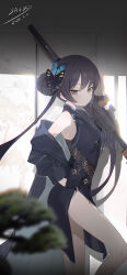 Rule 34 | 1girl, absurdres, artist name, black coat, black dress, blue archive, butterfly hair ornament, china dress, chinese clothes, closed mouth, coat, commentary, cs/ls06, dated, double bun, dragon print, dress, from side, grey eyes, grey halo, gun, hair bun, hair ornament, halo, hayate (1034853996), helical magazine, high-capacity magazine, highres, holding, holding gun, holding weapon, kisaki (blue archive), print dress, signature, sleeveless, sleeveless dress, solo, striped coat, submachine gun, suppressor, twintails, vertical-striped coat, weapon