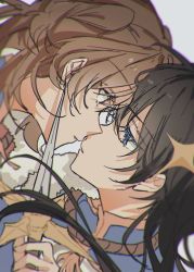2girls absurdres aijou_karen black_hair blue_eyes blue_jacket blurry brown_eyes brown_hair chromatic_aberration commentary dagger depth_of_field face-to-face from_side fur_trim grey_background hair_between_eyes hair_ornament hand_up highres holding holding_dagger holding_knife holding_weapon jacket kagura_hikari knife long_hair looking_at_another multiple_girls parted_lips portrait profile rococomm123 short_hair shoujo_kageki_revue_starlight simple_background sparkle_hair_ornament tassel weapon yuri