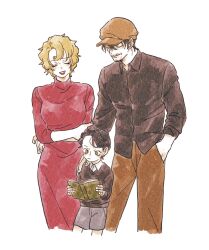 1girl 2boys akai_shuuichi akai_tsutomu beard_stubble black_hair book child closed_eyes cowboy_shot crossed_arms dress facial_hair family green_eyes hair_between_eyes hand_in_pocket hat highres holding holding_book long_dress long_sleeves mary_sera meitantei_conan multiple_boys nanteiiyoru red_dress red_lips short_hair shorts simple_background smile stubble white_background