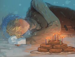 1boy absurdres alien_stage birthday blonde_hair brown_sweater brown_vest candle commentary f5ej3 food_request fur-trimmed_vest fur_trim hashtag-only_commentary highres long_sleeves luka_(alien_stage) lying male_focus mittens official_alternate_costume on_ground on_side short_hair snowing solo sweater turtleneck turtleneck_sweater upper_body vest white_headdress white_mittens yellow_eyes