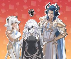 1boy 2girls acompletenonentity animal_ears ash_(fire_emblem) askr_(fire_emblem) blue_hair cow_boy cow_ears cow_girl dark-skinned_male dark_skin earrings embla_(fire_emblem) eyepatch fire_emblem fire_emblem_heroes grin horns jewelry long_hair multiple_girls nintendo pale_skin red_eyes single_earring smile tail white_hair