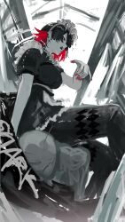 1girl 1other apron black_hair breasts colored_inner_hair dress ellen_joe fins fish_tail greyscale highres maid_apron maid_headdress monochrome multicolored_hair nail_polish open_mouth pantyhose partially_colored red_eyes red_nails sanshoku_dango_(shukosuko) shark_girl shark_tail short_sleeves sitting sitting_on_person tail zenless_zone_zero