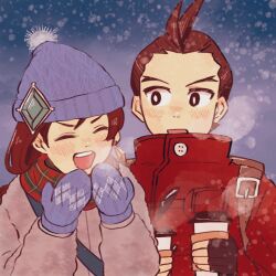 1boy 1girl ace_attorney antenna_hair apollo_justice apollo_justice:_ace_attorney blue_hat blue_mittens blush bright_pupils brown_bag brown_hair closed_eyes coat cup earrings gem green_gemstone hat holding holding_cup jewelry looking_at_another mittens mmmochiooo_o plaid_clothes plaid_scarf red_coat red_scarf scarf short_hair single_earring smile trucy_wright upper_body