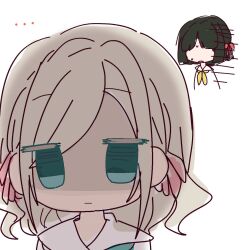 ... 2girls black_hair blue_eyes blunt_bangs blunt_ends bob_cut ceras_yanagida_lilienfeld chibi chibi_only closed_mouth col_person dress expressionless grey_hair hair_ribbon hasu_no_sora_school_uniform highres jitome link!_like!_love_live! long_hair love_live! momose_ginko multiple_girls neckerchief pink_ribbon ribbon sailor_collar sailor_dress school_uniform shaded_face short_hair simple_background summer_uniform virtual_youtuber white_background white_sailor_collar yellow_neckerchief