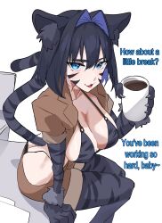 1girl absurdres animal_ears animal_hands animal_print bikini black_bikini black_hair black_pantyhose blue_eyes breasts brown_jacket brown_shorts coffee cup daaku_(koizumi_arata) english_text facial_mark gloves hair_intakes highres holding holding_cup hololive hololive_english innertube jacket large_breasts looking_at_viewer ouro_kronii pantyhose paw_gloves shorts solo swim_ring swimsuit tail tiger_ears tiger_girl tiger_print tiger_tail virtual_youtuber