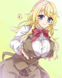Rule 34 | 1girl, alternate breast size, blonde hair, blue eyes, blunt bangs, blush, bow, bowtie, breasts, brown skirt, brown vest, button gap, buttons, closed mouth, commentary request, cowboy shot, double-breasted, dutch angle, eyelashes, fuyukichi (nikoniko1567), grabbing own breast, green background, hair intakes, hair ornament, hairclip, highres, huge breasts, limelight lemonade jam, long hair, long sleeves, looking at viewer, motion lines, musical note, parallel hairclips, plaid clothes, plaid skirt, red bow, red bowtie, school uniform, shimakoshi tsukimi, shirt, simple background, skirt, smile, solo, speech bubble, spiked hair, split mouth, spoken musical note, thick eyebrows, twitter username, vest, watermark, white shirt