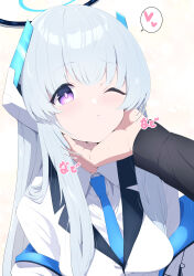 1boy 1girl absurdres blue_archive blue_halo blue_necktie blush breasts closed_mouth grey_hair halo hand_on_another&#039;s_face headphones heart highres jacket large_breasts long_hair necktie noa_(blue_archive) one_eye_closed purple_eyes sensei_(blue_archive) shirt simple_background tonomiya68 upper_body white_jacket white_shirt