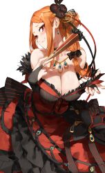 1girl absurdres bare_shoulders black_bridal_gauntlets black_flower black_rose blue_gemstone blush braid braided_bangs breasts bridal_gauntlets choker cleavage collarbone commentary_request dress earrings flower folding_fan gem hair_flower hair_ornament hand_fan highres holding holding_fan jewelry lace-trimmed_choker lace_trim large_breasts layered_dress leaning_forward long_hair looking_at_viewer meltyrice open_mouth orange_hair priscilla_barielle re:zero_kara_hajimeru_isekai_seikatsu red_dress red_eyes ribbon rose single_braid smile solo teardrop_earrings white_background