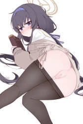 Rule 34 | 1girl, absurdres, anus, ass, bad anatomy, bad vulva, black hair, black pantyhose, blue archive, blue eyes, blue hairband, book, brown halo, chinese commentary, closed mouth, commentary request, from behind, gu meng yin, hairband, halo, highres, holding, holding book, long hair, looking at viewer, looking back, low twintails, no panties, pantyhose, pussy, simple background, solo, twintails, ui (blue archive), wavy mouth, white background