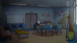 1girl black_jacket chair clubroom commentary_request game_screenshot_background grey_hair highres in-universe_location jacket lonely long_sleeves love_live! love_live!_nijigasaki_high_school_idol_club love_live!_school_idol_festival_all_stars miniskirt nakasu_kasumi nijigasaki_school_uniform on_chair pleated_skirt poster_(object) school_uniform screenshot_background short_hair sitting skirt solo syoma_(1026syoma) white_skirt whiteboard winter_uniform