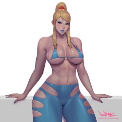 1girl alternate_costume blonde_hair blue_bra blue_eyes blue_eyeshadow blue_leggings blue_lips blue_nails bra breasts collarbone eyeshadow large_breasts latex leggings long_hair makeup mole mole_under_mouth navel original pinkdrawz ponytail samus_aran sidelocks solo toned underwear white_background