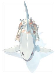 Rule 34 | 1girl, akitsu taira, bird, blue bird (akitsu taira), dark-skinned female, dark skin, fantasy, grey hair, highres, horns, original, red eyes, shark, short hair, simple background, solo, standing, white background