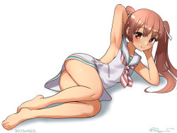 1girl barefoot brown_eyes brown_hair dark-skinned_female dark_skin dated dress full_body kantai_collection libeccio_(kancolle) long_hair looking_at_viewer low-cut_armhole lying neckerchief on_side one-hour_drawing_challenge ray.s sailor_collar sailor_dress side-tie_dress simple_background sleeveless sleeveless_dress solo striped_neckerchief twintails twitter_username white_background white_dress white_sailor_collar