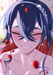 1girl bare_shoulders black_hair blush bride carmine_(pokemon) collarbone colored_inner_hair commentary_request crossed_bangs dress earrings eyelashes facing_viewer falling_petals hair_between_eyes hairband highres jewelry mole mole_under_eye multicolored_hair nintendo petals pokemon pokemon_sv red_hair red_petals rose_petals saotome_(neptune_0416) smile solo teeth two-tone_hair upper_body wedding wedding_dress