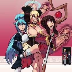 2boys 3futa aqua_(konosuba) aqua_hair arms_up blonde_hair blue_eyes boxman breasts brown_hair cleavage clothed_sex clothes darkness_(konosuba) dress fff_threesome futa_with_futa futanari grabbing_from_behind group_sex heavy_breathing highres huge_breasts kono_subarashii_sekai_ni_shukufuku_wo! large_breasts large_penis leg_grab long_hair love_train lucky_pierre magic maid maid_headdress megumin multiple_boys multiple_futa penis ponytail restrained rolling_eyes sex sex_from_behind short_hair small_breasts standing standing_sex stick stomach_bulge testicles threesome vaginal witch x-ray