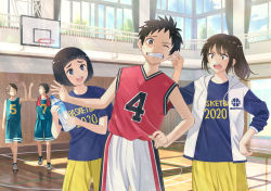 2girls 3boys basketball_court basketball_hoop basketball_uniform black_hair blue_eyes blunt_bangs blush brown_eyes brown_hair grabbing_another&#039;s_ear grimace hand_on_another&#039;s_ear high_five highres hood hoodie indoors light_particles light_rays long_hair multiple_boys multiple_girls open_mouth original ponytail short_hair sky smile sports_drink sportswear taka_(tsmix) towel towel_around_neck tree window