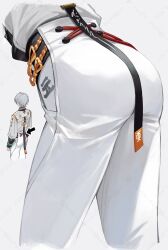 1boy ass ass_focus back cropped_legs from_behind grey_hair long_sleeves lower_body male_focus pants sato_nji short_hair simple_background solo standing thighs white_background white_pants wise_(zenless_zone_zero) zenless_zone_zero
