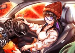2girls alternate_costume bang_dream! black_hair boots breasts car car_interior cellphone driving earrings food french_fries glasses green_hair hat hikawa_sayo indoors jewelry large_breasts long_hair motor_vehicle multicolored_nails multiple_girls noir_(nowaru) phone pov purple_eyes shirokane_rinko sitting