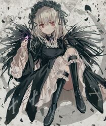1girl black_boots black_collar black_dress black_hairband black_wings boots breasts closed_mouth collar commentary_request detached_collar dress feathered_wings frilled_sleeves frills full_body gothic_lolita grey_hair hairband highres huwarinn99 knee_boots lolita_fashion lolita_hairband long_hair long_sleeves looking_at_viewer magic red_eyes rozen_maiden solo suigintou wide_sleeves wings