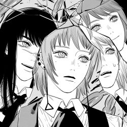 Rule 34 | 4girls, broken glass, chainsaw man, closed mouth, earrings, fami (chainsaw man), famine devil (chainsaw man), glass, greyscale, highres, jewelry, kiunchiku, long hair, makima (chainsaw man), medium hair, mole, mole under eye, monochrome, multiple girls, multiple moles, open mouth, ringed eyes, scar, scar on face, scar on nose, sweatdrop, yoru (chainsaw man)