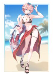 1girl bare_shoulders beach belt bikini black_belt black_bikini blue_eyes blush breasts cleavage day fee feet hair_between_eyes hair_ornament head_wings highres hololive large_breasts looking_at_viewer navel ocean pink_hair ryuya short_hair side-tie_bikini_bottom smile solo sunglasses swim_ring swimsuit takane_lui toes virtual_youtuber wings