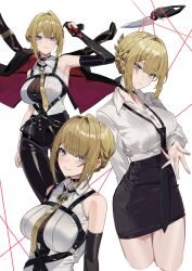 1girl absurdres alternate_costume armpits black_choker black_jacket black_necktie black_pants blonde_hair breasts chest_harness choker closed_mouth commentary elbow_gloves evelyn_chevalier gloves hair_up harness high-waist_pants highres jacket large_breasts looking_at_viewer loose_necktie maanu multiple_views necktie pants parted_lips pencil_skirt purple_eyes reaching reaching_towards_viewer shirt sidelocks single_elbow_glove skirt smile tight_clothes tight_pants white_background white_shirt yellow_necktie zenless_zone_zero