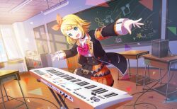 Rule 34 | 1girl, :d, aqua eyes, belt, black belt, black choker, black jacket, black skirt, blonde hair, bow, bowtie, chalkboard, choker, classroom, colorful palette, curtains, desk, game cg, hair ornament, hairclip, high-waist skirt, instrument, jacket, kagamine rin, keyboard (instrument), leo/need rin, multicolored skirt, musical note, official art, open clothes, open jacket, open mouth, orange bow, orange skirt, pink bow, pink bowtie, polka dot, polka dot bow, project sekai, shirt, skirt, smile, solo, star (symbol), third-party source, tongue, triangle, unnamed harmony (project sekai), vocaloid, white shirt, x hair ornament