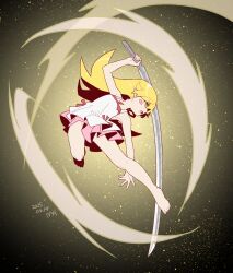 1girl absurdres arm_up bare_shoulders barefoot black_background blonde_hair dated dress dynamic_pose fighting_stance full_body glowing highres holding holding_sword holding_weapon kokorowatari long_hair looking_ahead manimani_(mani_ma) monogatari_(series) ootachi open_mouth oshino_shinobu pointy_ears signature solo sword weapon white_dress yellow_eyes
