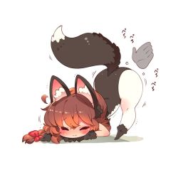 1girl animal_ears black_leotard black_tail blush bow brown_hair closed_eyes fake_animal_ears leotard original red_bow spanking tail thighs toconikky white_background