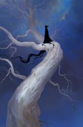 1girl bare_tree branch cloud commentary english_commentary from_side highres kueshka night night_sky original outdoors profile robe scenery silhouette sky solo standing star_(sky) tree