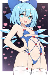 1girl :d black_background blue_bow blue_eyes blue_hair blue_one-piece_swimsuit blue_wings blush bow breasts cirno commentary_request gradient_background hair_bow hands_on_own_hips heart heart_background highres ice ice_wings looking_at_viewer navel one-piece_swimsuit open_mouth rizento small_breasts smile solo standing swimsuit thighhighs touhou white_thighhighs wings