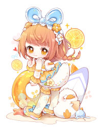 1girl :q absurdres animal_bag backpack bag balloon balloon_trip_(infinity_nikki) bare_shoulders bird blue_bow blue_hairband blunt_bangs bow braid brown_hair chibi chinese_commentary closed_mouth commentary_request dot_nose dress duck duck_tail eyelashes fake_tail finger_gun floating_hair flower flower_hairband food food_print footwear_bow frilled_arm_warmers frilled_hairband frilled_thigh_strap frills fruit hairband happy heart highres holding holding_ice_cream_cone holding_swim_ring ice_cream ice_cream_cone infinity_nikki innertube lemon lemon_slice light_blush light_particles long_hair looking_at_viewer loose_hair_strand low_twin_braids miniskirt nikki_(series) nuli_de_chengzhi_er orange_dress orange_eyes orange_flower orange_innertube orange_shoes pom_pom_(clothes) sand see-through_arm_warmers see-through_clothes shoes short_dress simple_background skirt skirt_under_dress sleeveless sleeveless_dress smile solo sparkle sprinkles standing star_(symbol) star_print starfish surfboard swim_ring tail tareme thigh_strap thighhighs tongue tongue_out twin_braids white_arm_warmers white_background white_bag white_flower white_skirt yellow_thighhighs