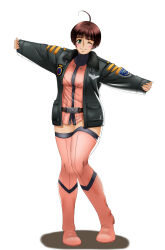 1girl ahoge bad_tag black_jacket blush boots borrowed_clothes brown_hair curled_fingers emblem harada_makoto highres jacket long_sleeves looking_at_viewer military_jacket military_uniform one_eye_closed ookami_makoto oversized_jacket pink_boots short_hair smile solo spacesuit thigh_boots thighhighs uchuu_senkan_yamato uchuu_senkan_yamato_2199