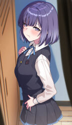 1girl bilingual_commentary black_skirt blue_ribbon blush commentary commentary_request deras english_commentary gakuen_idolmaster hataya_misuzu hatsuboshi_gakuen_school_uniform highres idolmaster light_smile long_sleeves looking_at_viewer mixed-language_commentary mole mole_under_mouth neck_ribbon pleated_skirt purple_eyes purple_hair ribbon school_uniform shirt short_hair skirt smile solo white_shirt