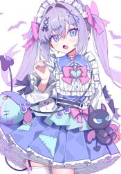 1girl bat_(animal) black_bow blue_dress blue_eyes blue_nails blush bow commentary cross_hair_ornament demon_tail dress fang frilled_dress frills garter_straps hair_ornament hairclip hand_up heart highres long_hair looking_at_viewer maid_headdress morumoru_x nail_polish open_mouth original purple_bow purple_hair simple_background single_thighhigh skin_fang solo stuffed_toy symbol-only_commentary tail thighhighs twintails white_background white_headdress white_thighhighs x_hair_ornament