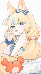 Rule 34 | 1girl, ahoge, animal ear fluff, animal ears, blonde hair, blue eyes, blue hair, blue nails, cat ears, crab, frills, hair ribbon, indie virtual youtuber, kaniki (sameko saba), lifebuoy hair ornament, long hair, looking at viewer, low twintails, multicolored hair, nail polish, ozu (user sjjz4357), ribbon, sameko saba, scrunchie, simple background, smile, solo, tongue, tongue out, twintails, two-tone hair, upper body, virtual youtuber, white background, wrist scrunchie