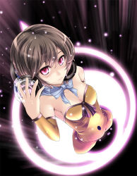 1girl asu_hare bare_shoulders bow breasts brown_hair cleavage detached_sleeves female_focus from_above headphones looking_up original perspective pink_eyes short_hair small_breasts solo
