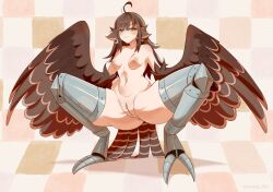 Rule 34 | 1girl, absurdres, ahoge, animal ears, anus, bird ears, bird legs, breasts, brown feathers, brown hair, brown wings, commentary, digitigrade, feathered wings, feathers, harpy, highres, leg armor, long hair, monster girl, navel, nipples, nude, original, pussy, small breasts, solo, squatting, talons, uncensored, unreal fish, winged arms, wings