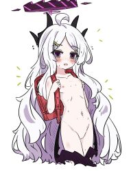 1girl absurdres ahoge backpack bag black_horns black_wings blue_archive blush bow bow_panties bra cleft_of_venus collarbone commentary cropped_legs demon_girl demon_horns demon_wings e_v_e_neko flat_chest frilled_thigh_strap hair_ornament hairclip halo highres hina_(blue_archive) horns loli long_hair looking_at_viewer low_wings navel nipples nude open_mouth panties parallel_hairclips purple_eyes purple_halo pussy randoseru red_bag simple_background solo standing thigh_strap underwear very_long_hair wavy_hair wavy_mouth white_background white_bra white_hair white_panties wings