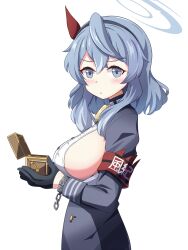 1girl ako_(blue_archive) armband bell belt_collar black_gloves blue_archive blue_eyes blue_hair blush box breasts buttons chain collar commentary_request from_side gloves hair_between_eyes hairband halo highres holding holding_box large_breasts long_hair long_sleeves looking_at_viewer music_box neck_bell parted_lips red_armband school_uniform sideboob sidelocks simple_background solo white_background yukimi_unagi