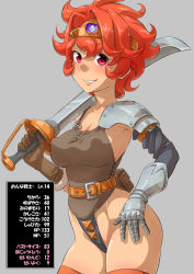 Rule 34 | 1girl, armor, fantasy, gauntlets, gem, ha ku ronofu jin, highres, japanese text, leotard, orange legwear, pink eyes, red hair, sword, tiara, translation request, weapon
