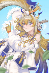 1girl absurdres arknights bare_shoulders bead_necklace beads blonde_hair breasts closed_mouth collarbone dragon_girl dragon_horns dragon_tail eastern_dragon_horns eastern_dragon_tail green_eyes hair_between_eyes hair_ornament highres horns jewelry leaf long_hair long_sleeves mc.johnnn necklace pointy_ears shirt shu_(arknights) smile solo strapless strapless_shirt tail tube_top white_tube_top