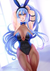 1girl absurdres animal_ear_hairband animal_ears armpits arms_behind_head blue_bow blue_bowtie blue_hair bow bowtie breasts cleavage commentary covered_navel detached_collar double-parted_bangs eiyuu_densetsu english_commentary fake_animal_ears fishnet_pantyhose fishnets hair_between_eyes hairband highleg highleg_leotard highres indoors large_breasts laura_s._arseid leotard long_hair long_sidelocks looking_at_viewer manu-chann multicolored_leotard muscular muscular_female pantyhose playboy_bunny ponytail rabbit_ear_hairband rabbit_ears second-party_source sen_no_kiseki_(series) sideboob sidelocks single_sidelock smile solo strapless strapless_leotard traditional_bowtie twitter_username two-tone_leotard very_long_hair very_long_sidelocks watermark web_address window