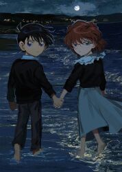 1boy 1girl absurdres barefoot beach black-framed_eyewear black_hair blue_eyes brown_hair child closed_mouth collared_shirt edogawa_conan glasses haibara_ai hair_between_eyes highres holding_hands long_sleeves looking_back meitantei_conan moon night outdoors pants segami shirt short_hair skirt waves