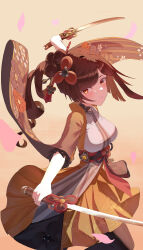 1girl absurdres belt black_ribbon blush bow box_(bagsang59049289) breasts brown_bow brown_hair brown_pantyhose chiori_(genshin_impact) commentary drill_hair drill_ponytail dual_wielding english_commentary floating_clothes floating_hair floral_print flower flower_ornament from_side gem genshin_impact gradient_background hair_flower hair_ornament hair_stick hands_up haori high_ponytail highres holding holding_sword holding_weapon japanese_clothes katana long_hair looking_at_viewer medium_breasts obijime open_clothes orange_background orange_skirt pantyhose petals ponytail red_belt red_eyes ribbon rope shirt simple_background skirt solo standing sword teeth vision_(genshin_impact) weapon white_shirt yellow_background yellow_gemstone