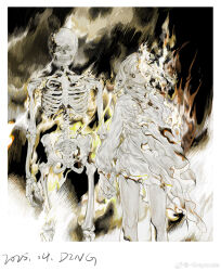 1girl absurdres border burning burning_clothes closed_mouth dress feet_out_of_frame fire goincircles highres holding_hands long_hair long_sleeves looking_at_viewer original skeleton skull standing white_border